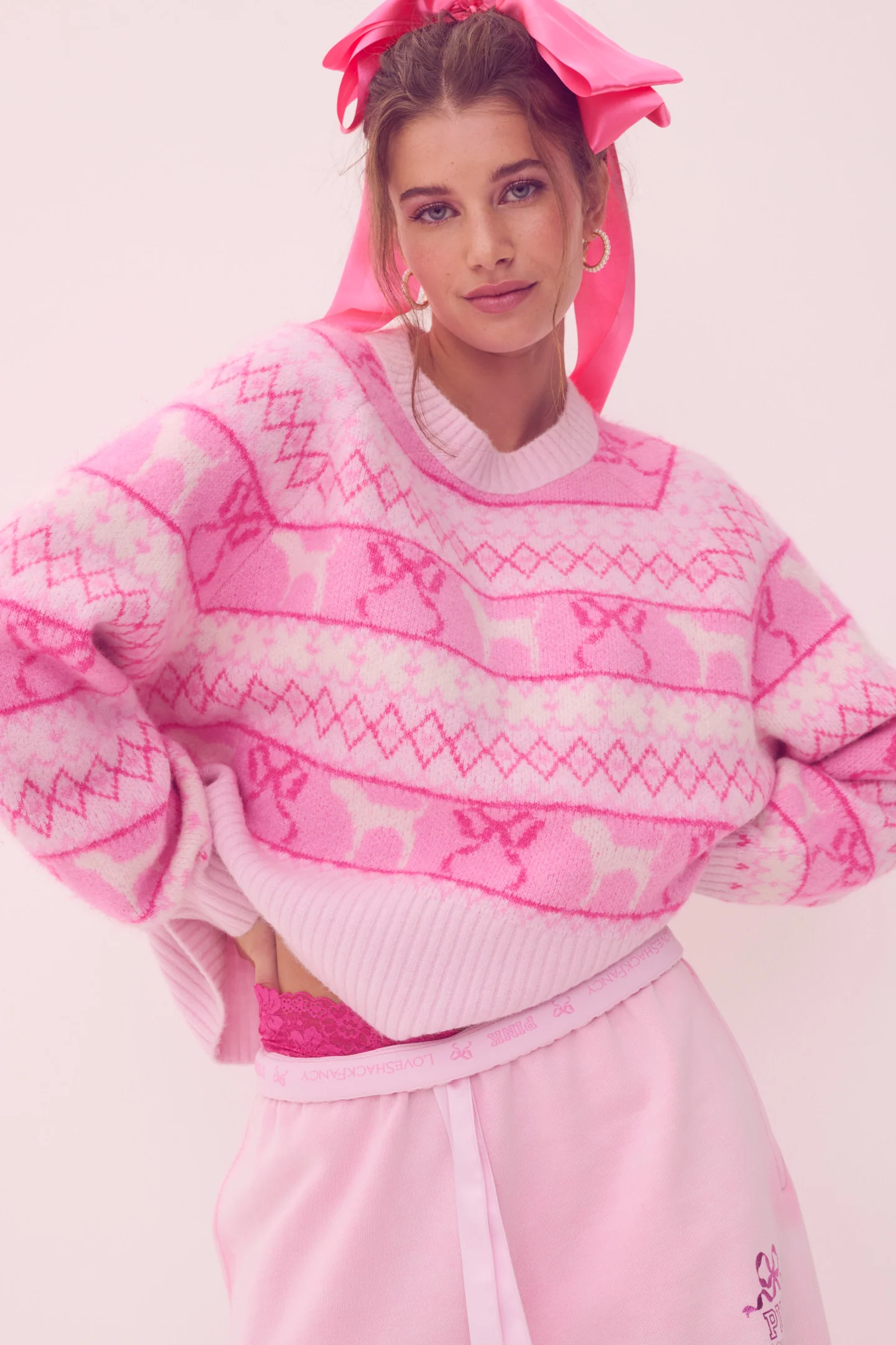 PINK x LoveShackFancy Fairisle Crew Boxy Full Sleeve Sweater - Image 2