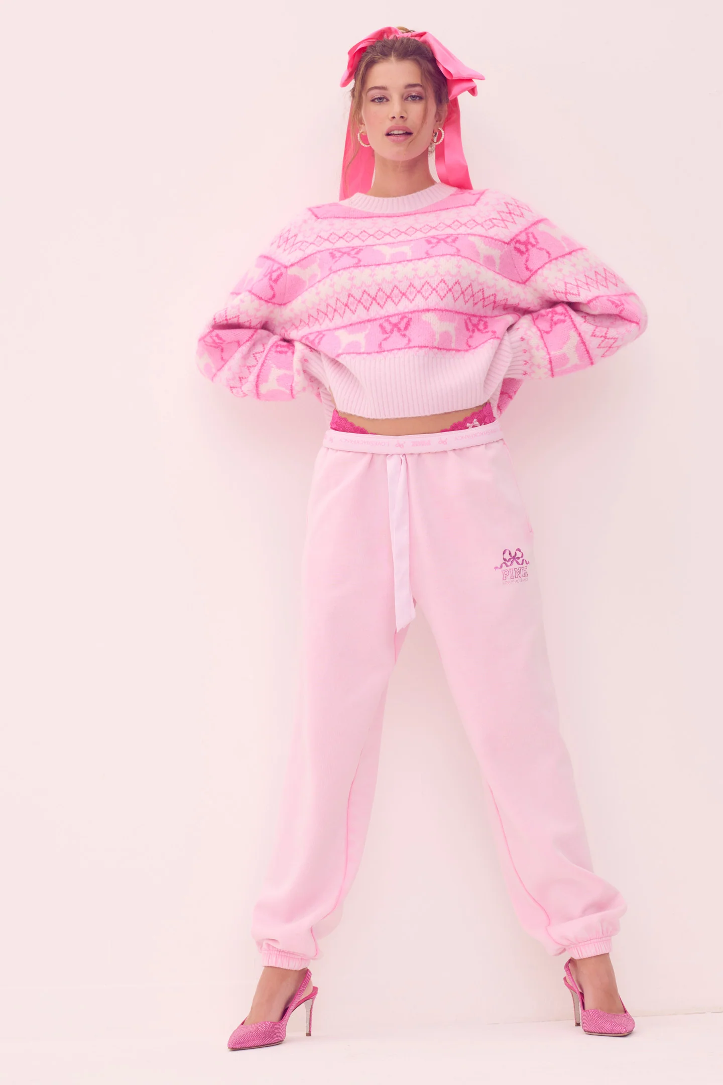 PINK x LoveShackFancy Fairisle Crew Boxy Full Sleeve Sweater - Image 4