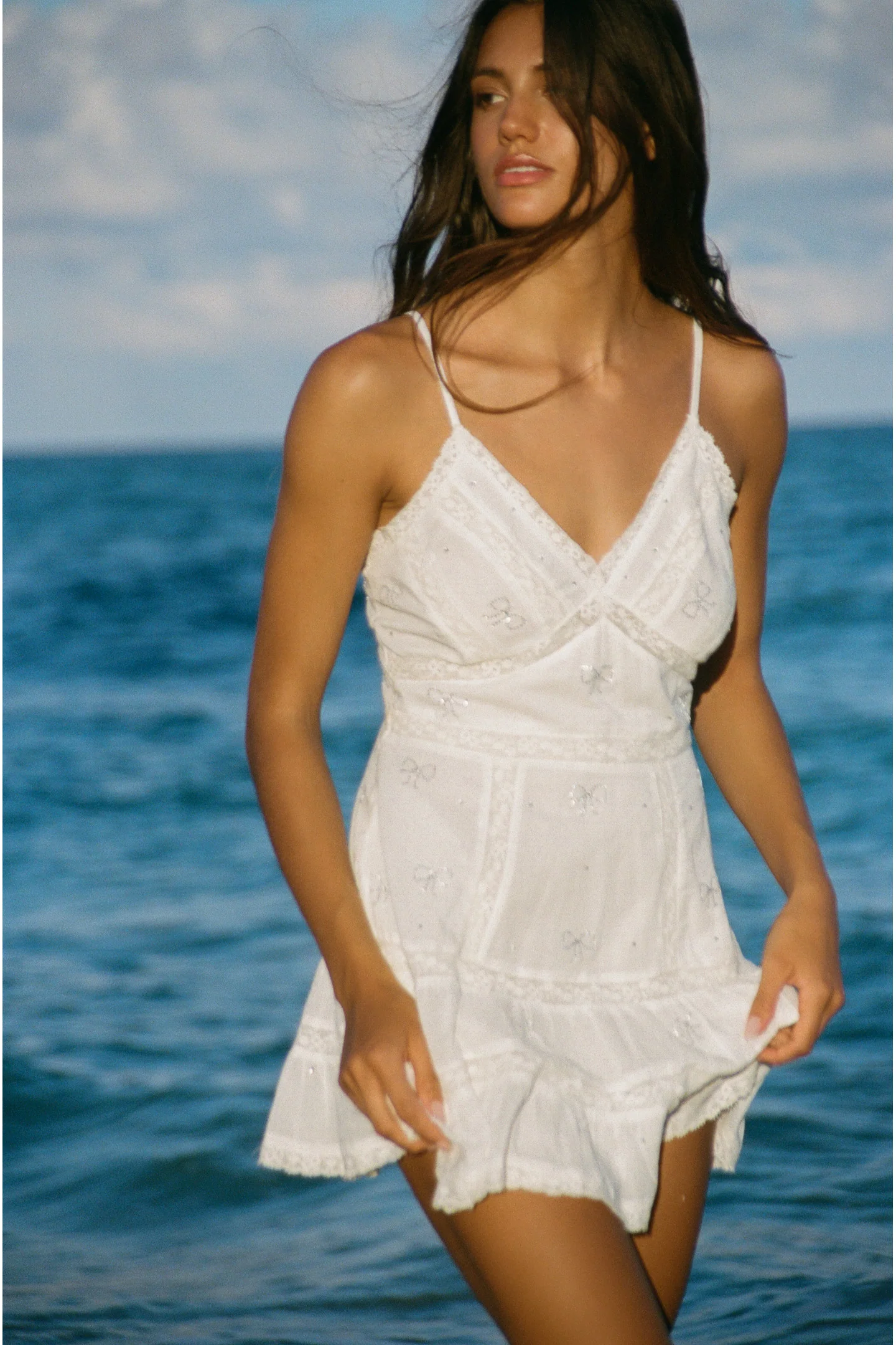 Solbina Crystal Bow Cotton Mini Dress - WHITE - Image 3
