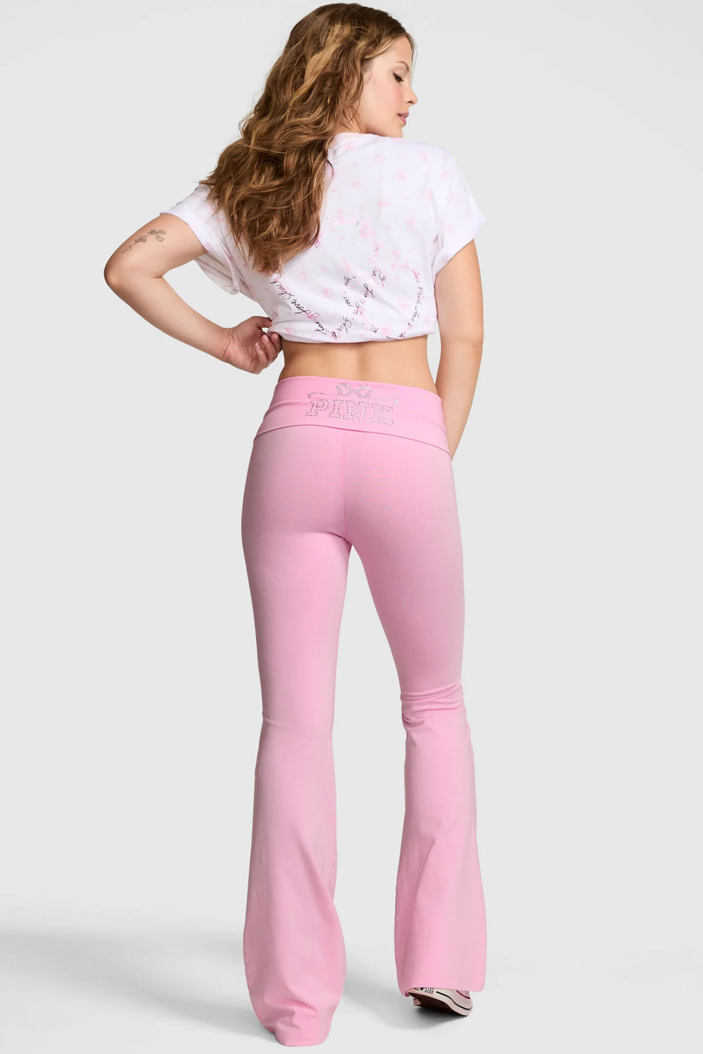 PINK x LoveShackFancy Washed Cotton Foldover Flare Leggings - Image 4